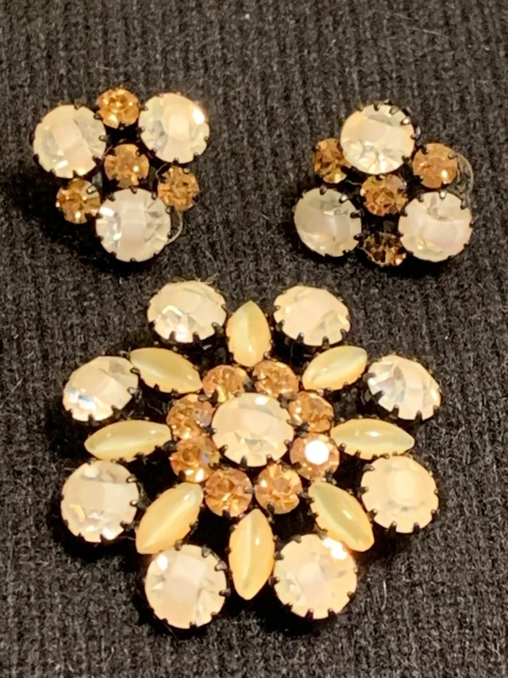 Vintage Austrian Opalescent and Amber Crystal Floral Brooch Set Black Metal